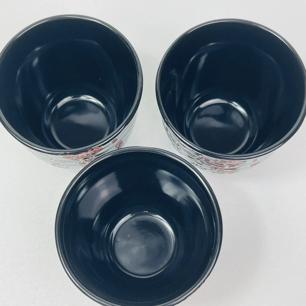 La Dolce Vita JJG Designs Black Chinese Writing Tea Cups Set Of 3 White Red Seal